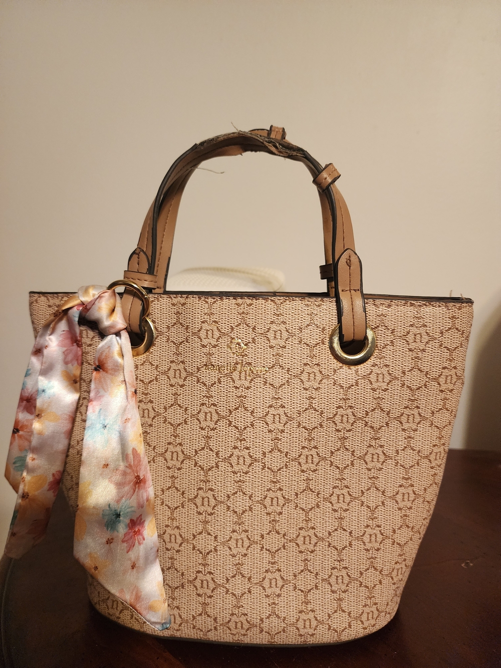 Beige Monogram Tote Handbag with Floral Scarf